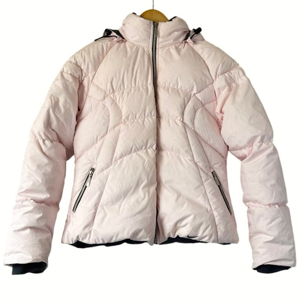 Nike Down Puffer Jacket Pink Gray Hooded Quilted Coat Womenโs
